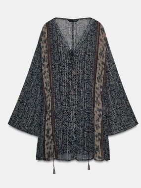 Zara gray and brown metallic patchwork printed long sleeves mini dress NWT